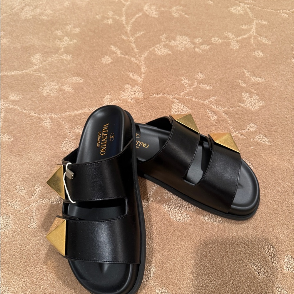 Valentino Garavani Black Slides with Gold Details (final $)